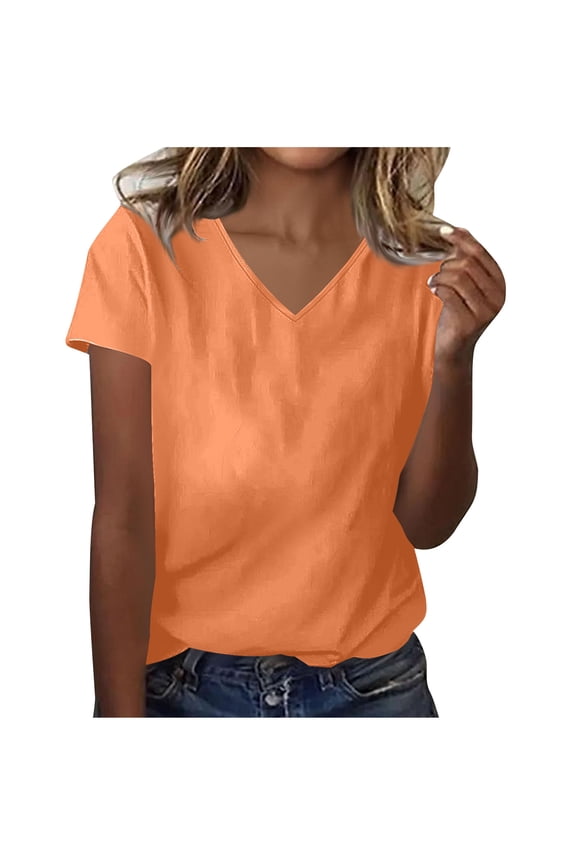 Womens Cotton V Neck T Shirts Cap Short Sleeve Summer Tops Trendy Solid Loose Casual Shirts for Beach Vacation Orange M