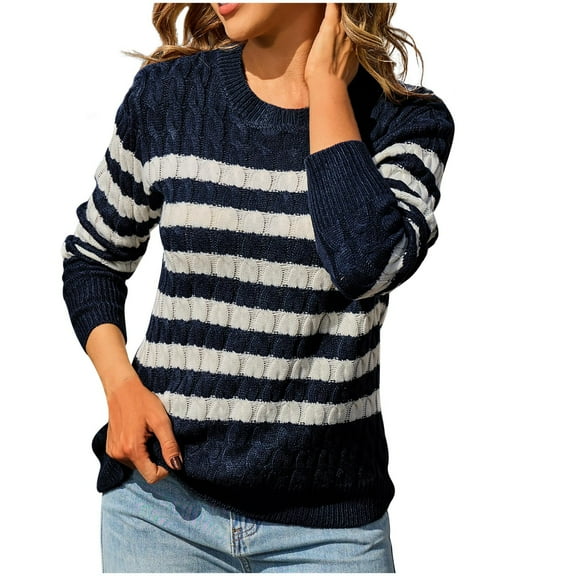 Arnsht Womens Cute Crewneck Color Block Striped Long Sleeve Pullover Sweater Lightweight Thin Sweater Spring Fall Clothes Blue S