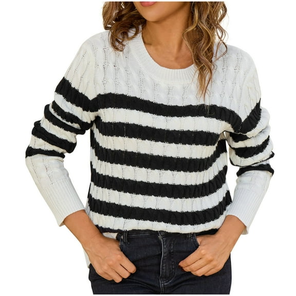 Arnsht Womens Cute Crewneck Color Block Striped Long Sleeve Pullover Sweater Lightweight Thin Sweater Spring Fall Clothes White XL
