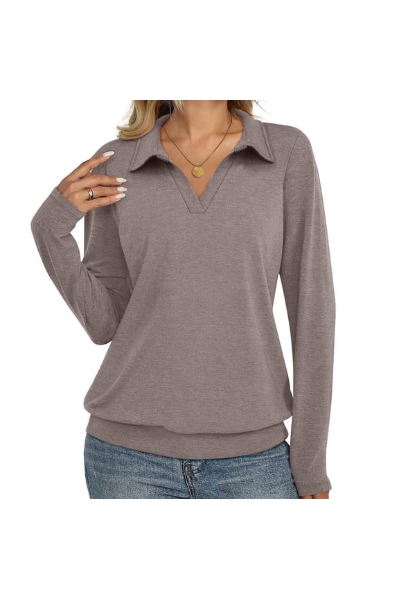 Womens Fall Shirts Solid Color Long Sleeve Banded Bottom Tops Business Casual Tops Collared V Neck Blouses Gold S