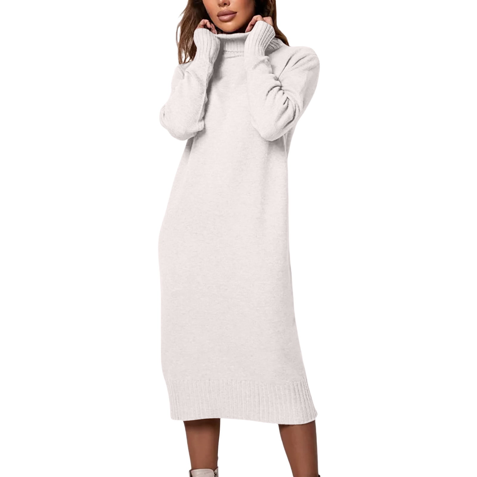 Arnsht Womens Fall and Winter Elegant Fleece Sweater Dresses Solid Color Loose Turtleneck Dress Long Sleeve Knitted Skirt White S