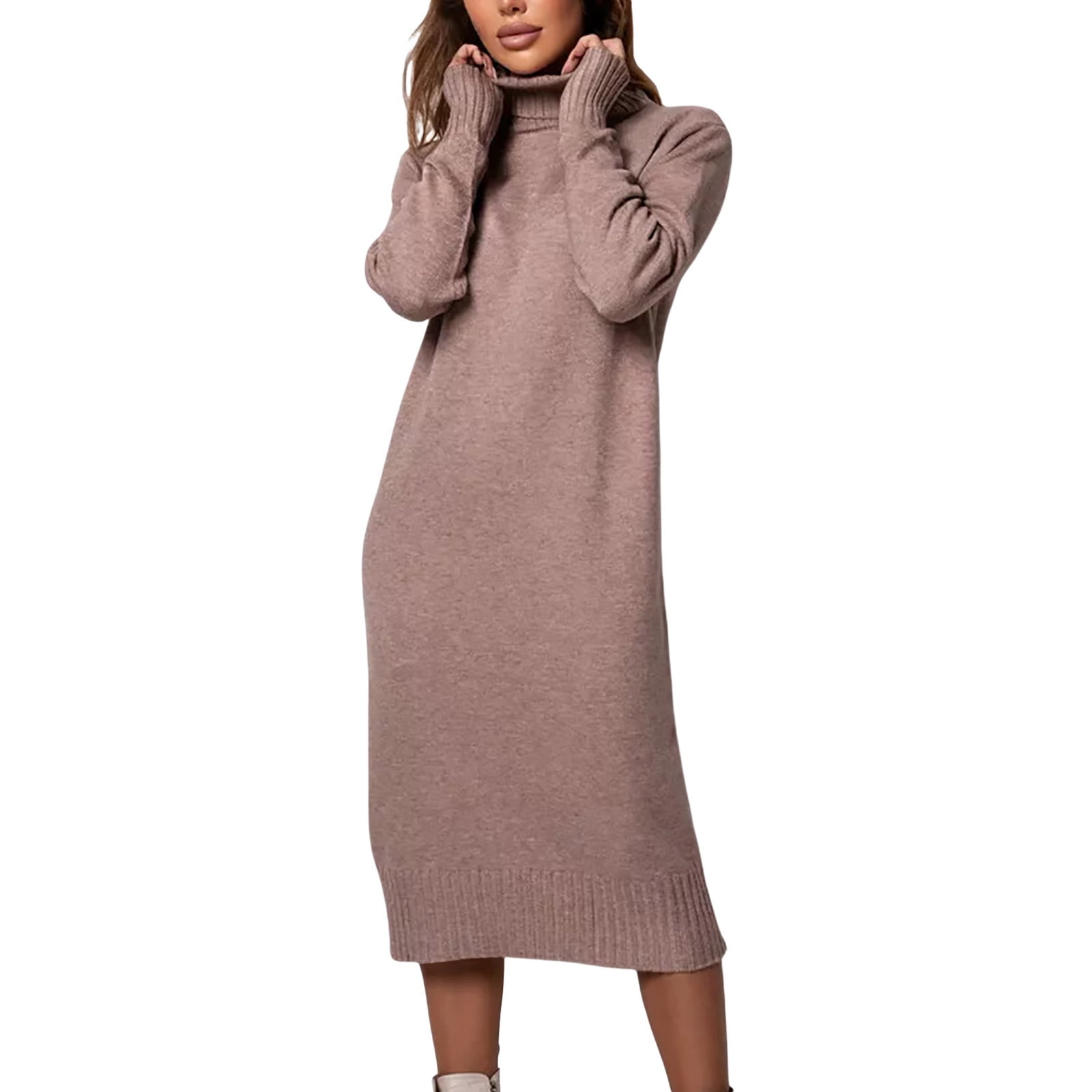 Arnsht Womens Fall and Winter Elegant Fleece Sweater Dresses Solid Color Loose Turtleneck Dress Long Sleeve Knitted Skirt Yellow XL