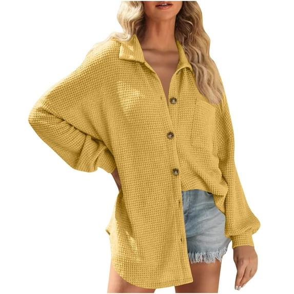 Arnsht Womens Fashion Waffle Knit Shacket Jacket Casual Long Sleeve Button Down Shirts Dressy Blouses Tops Yellow XL