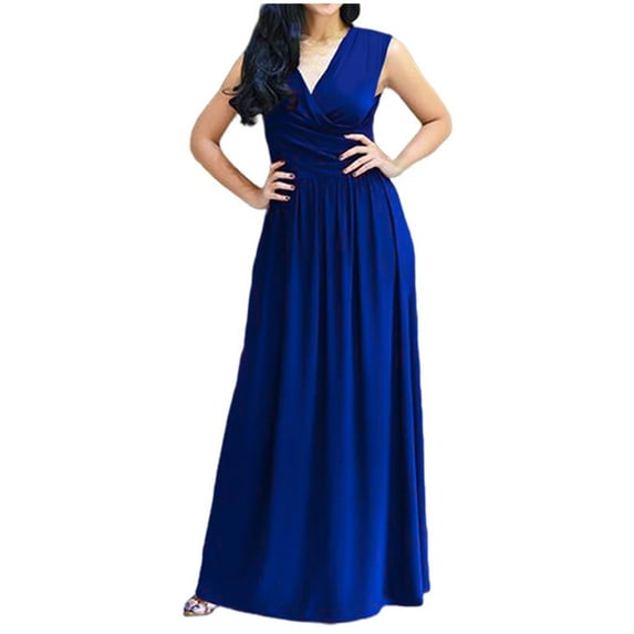 Arnsht Womens Fashion Wedding Guest Dresses Plus Size Solid Color V Neck Formal Dresses for Women Sleeveless Evening Blue M