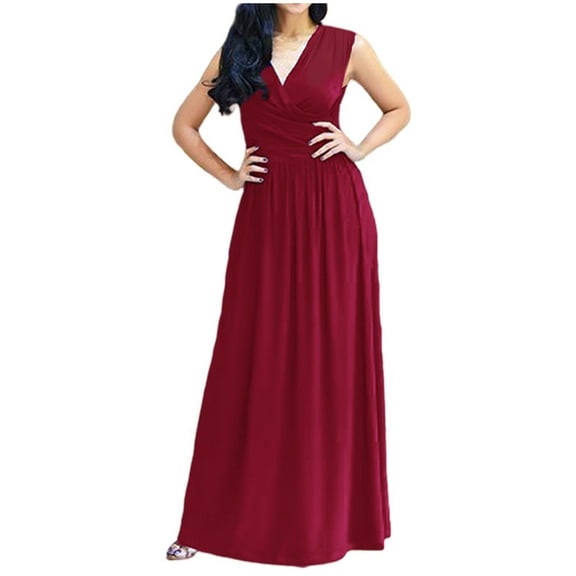 Arnsht Womens Fashion Wedding Guest Dresses Plus Size Solid Color V Neck Formal Dresses for Women Sleeveless Evening Wine M