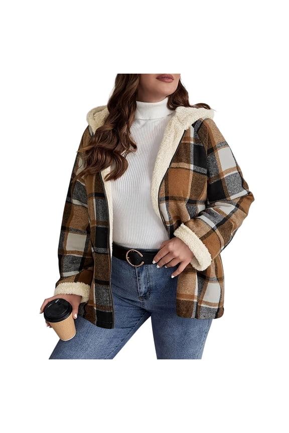 Womens Flannel Hoodie Plaid Jacket Fleece Sherpa Lined Full Zip Up Sweatshirt Winter Hooded Shirts Coat with Pockets Yellow XXL