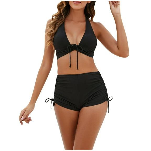 Arnsht Womens High Waisted Swimsuits with Boy Shorts Soft Comfortable Triangle Top Stripes Halter Bikini Two Piece Bathing Suits Black XL
