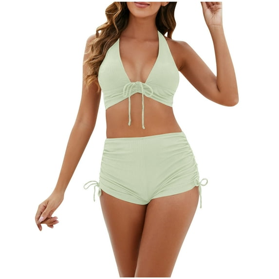 Arnsht Womens High Waisted Swimsuits with Boy Shorts Soft Comfortable Triangle Top Stripes Halter Bikini Two Piece Bathing Suits Green M