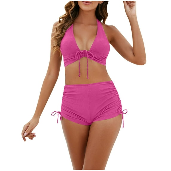 Arnsht Womens High Waisted Swimsuits with Boy Shorts Soft Comfortable Triangle Top Stripes Halter Bikini Two Piece Bathing Suits Pink XL
