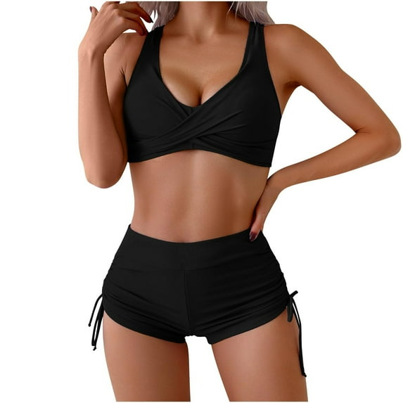 Arnsht Womens High Waisted Swimsuits with Boy Shorts Solid Color Halter Bikini Two Piece Bathing Suits Black M