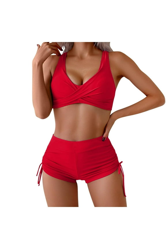 Womens High Waisted Swimsuits with Boy Shorts Solid Color Halter Bikini Two Piece Bathing Suits Red XL