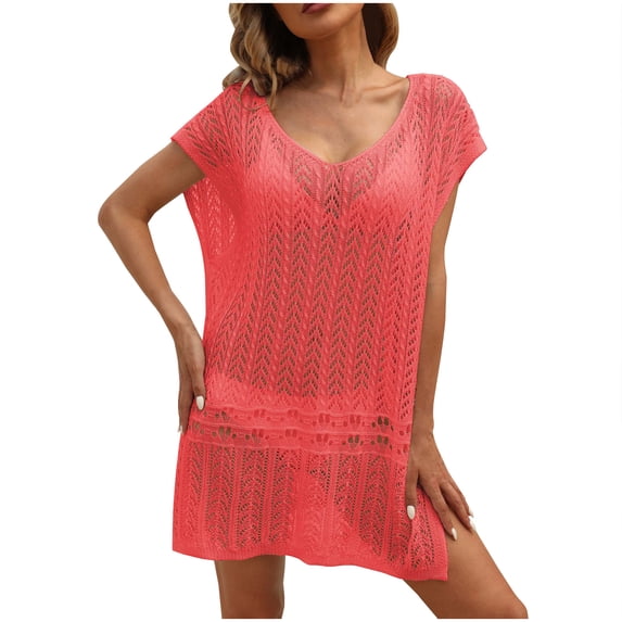 Arnsht Womens Hollow Out Bikinis Cover Up Loose Swimsuit Cover Up Solid Bathing Suit Beach-Dress for Summer Vactions Red Free Size