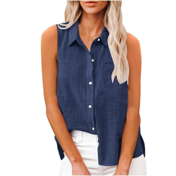 Arnsht Womens Lapel Button Down Shirts Solid Color Sleeveless Slit Pocket Summer Cotton Blouses Work Casual Tops Blue M