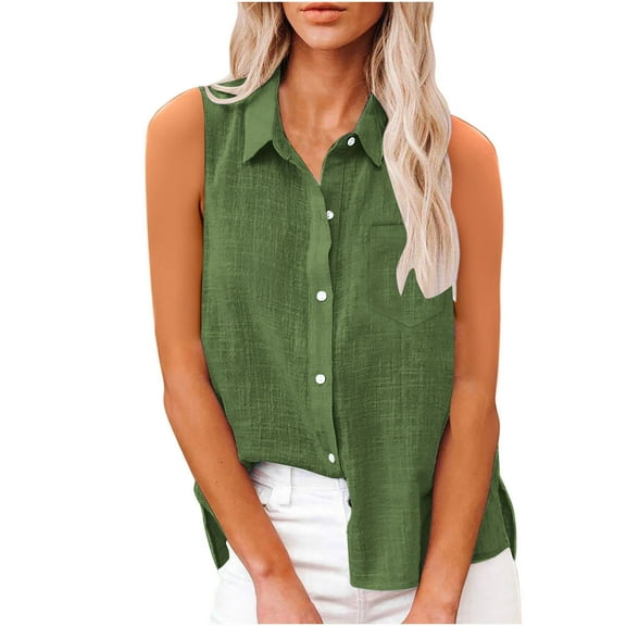 Arnsht Womens Lapel Button Down Shirts Solid Color Sleeveless Slit Pocket Summer Cotton Blouses Work Casual Tops Green S