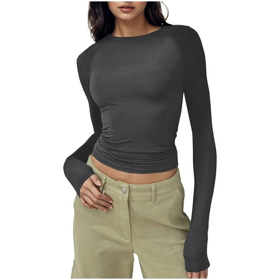 Arnsht Womens Long Sleeve Shirts Basic Tees Y2k Slim Fit T Shirt Crew Neck Trendy Crop Top Casual Fashion Fall Outfits Gray L