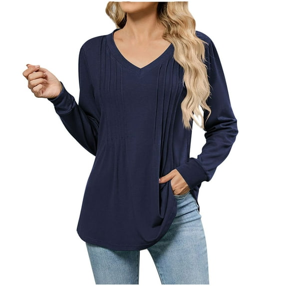 Arnsht Womens Long Sleeve Tunic Tops Casual Loose Breathable Solid Color V Neck Blouse Pleated Dressy Loose Shirts Black S