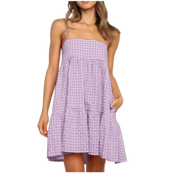 Arnsht Womens Plaid A-Line Dresses Shoulder Straps Ruffle Hem Summer Casual Loose Mini Dress with Side Pocket Purple M