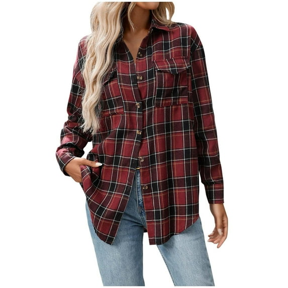 Arnsht Womens Plaid Flannel Shirts Casual Long Sleeve Coat Tops Lapel Button Down Checkered Shirt with Pocket Red XXL