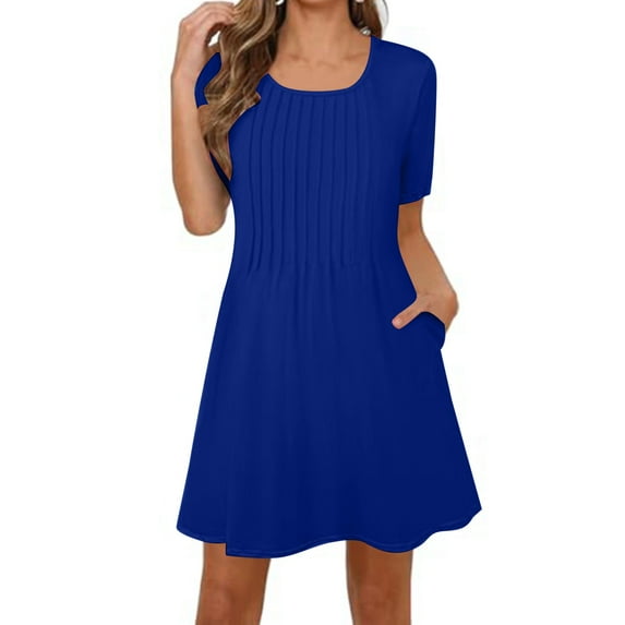 Arnsht Womens Pleated Front Summer Dresses Casual Short Sleeve T Shirts Dress with Pockets Vacation Beach Dresses Blue XL