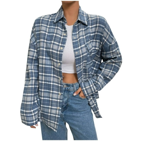 Arnsht Womens Plus Size Flannel Plaid Shirts Long Sleeve Casual Collared Pocket Button Down Shirt Loose Blouse Top Blue XL