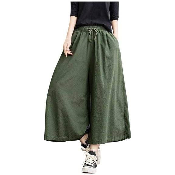 Arnsht Womens Plus Size Solid Color Linen Pants High Waisted Wide Leg Drawstring Casual Loose Trousers with Pockets Green XXXXL