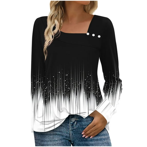 Arnsht Womens Printed Tops Casual Asymmetrical Neck Long Sleeve Shirts Button Cute Loose Fit Business Dressy Blouses Black S