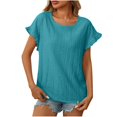 thumbnail image 1 of Arnsht Womens Ruffled Short Sleeves Sweater Round Neck Knitted Soft Loose Comfort Breathable Lightweight Pullovers Tops Blue M, 1 of 6