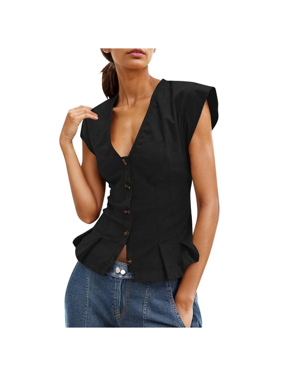 Womens Scoop Neck Blazer Vest Summer Linen Sleeveless Fitted Waistcoat Work Casual Solid Cotton Tank Tops Black M