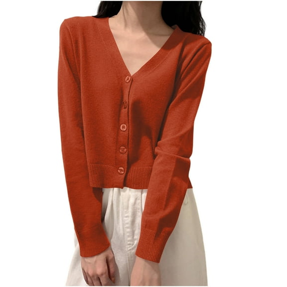 Arnsht Womens Solid Color Deep V Neck Cardigan Sweaters Open Front Button Down Long Sleeve Cropped Knit Coats Orange Free Size