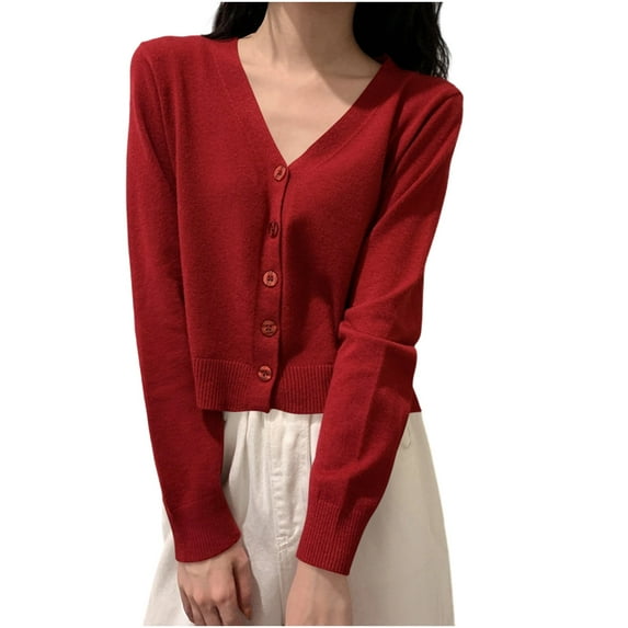 Arnsht Womens Solid Color Deep V Neck Cardigan Sweaters Open Front Button Down Long Sleeve Cropped Knit Coats Red Free Size