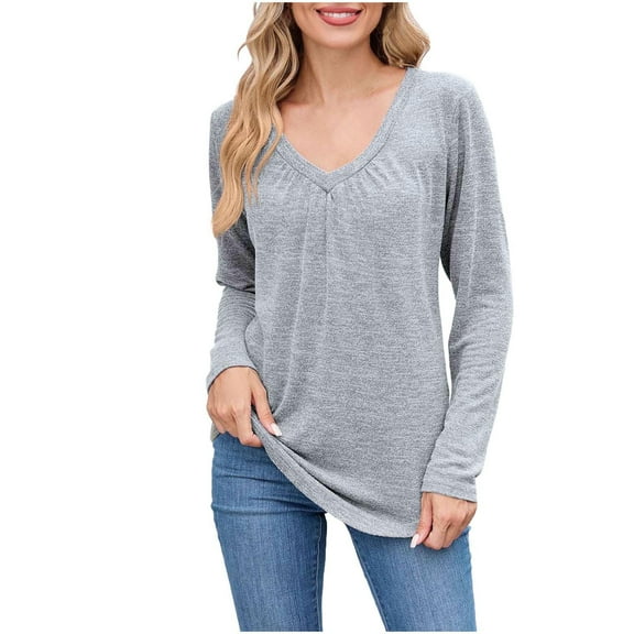 Arnsht Womens Solid Color Long Sleeve T Shirts V Neck Soft Basic Tee Loose Fit Casual Tops 2025 Fashion Fall Clothes Gray M