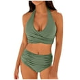 thumbnail image 1 of Arnsht Womens Split Solid Color Tummy Control Bathing Suits Modest High Waisted Bikini Sets Cute Halter 2 Piece Beach Swimsuit 2025 Army Green S, 1 of 6