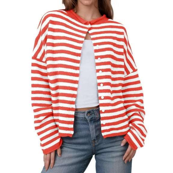 Arnsht Womens Striped Cardigan Casual Long Sleeve Open Front Button Down Loose Soft Knit Lightweight Fall Sweaters Red S