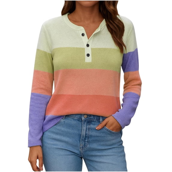 Arnsht Womens Striped T Shirts Color Blocked V Neck Long Sleeve Strip Pullover Casual Layer Top Fall Winter Y2K Shirts Orange XL