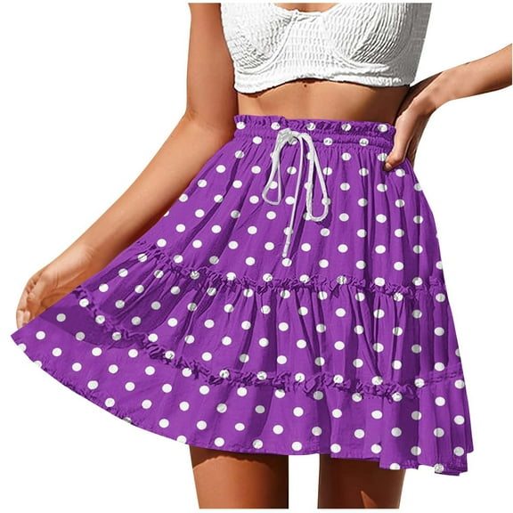 Arnsht Womens Summer Beach Polka Dot Print Mini Skirt Pleated A-Line Versatile Stretchy Casual Short Skirts Purple S