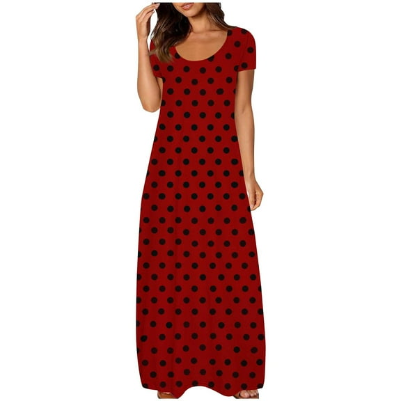 Arnsht Womens Summer Casual Long Dress with Pockets Round Neck Short Sleeved Dress Vacation Party Polka Dot Print Maxi Dress Red S