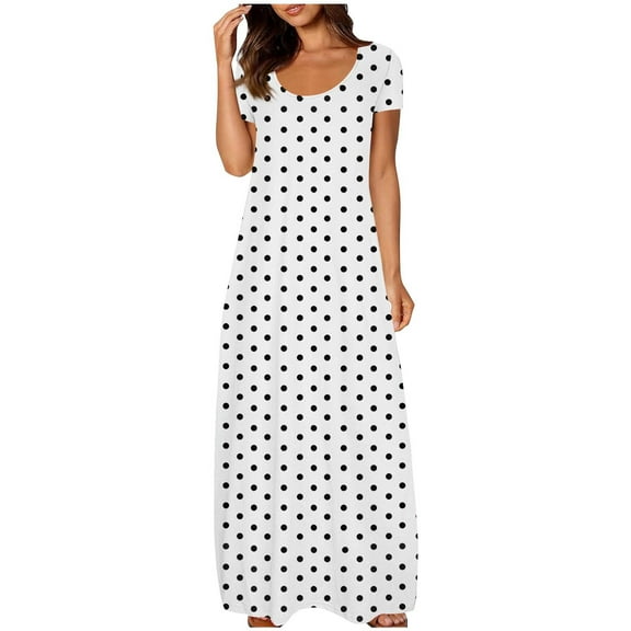 Arnsht Womens Summer Casual Long Dress with Pockets Round Neck Short Sleeved Dress Vacation Party Polka Dot Print Maxi Dress White L