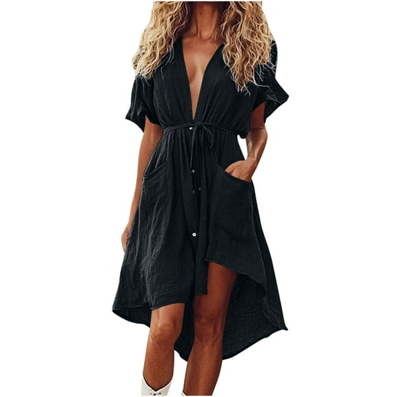 Arnsht Womens Summer Cotton Linen Dress Coverup Button Bathing Suit Cover Ups Short Sleeve Shirt Dress Beach Dress Black XL