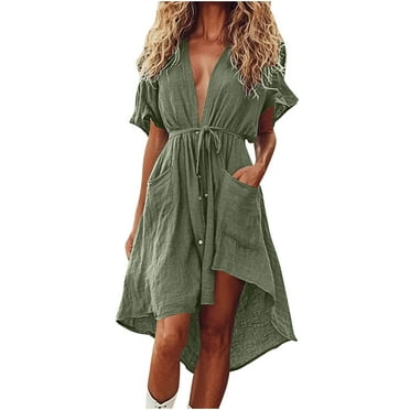 Arnsht Womens Summer Cotton Linen Dress Coverup Button Bathing Suit Cover Ups Short Sleeve Shirt Dress Beach Dress Green M