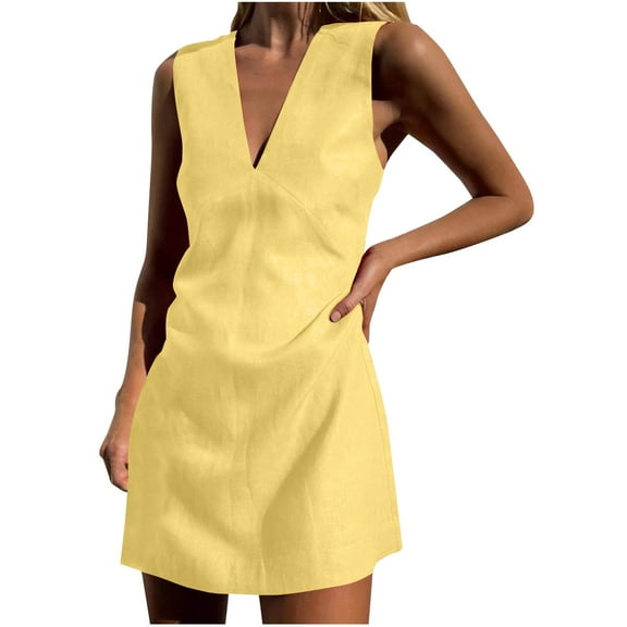 Arnsht Womens Summer Cotton Linen Dress Solid Color V Neck Short Dress Sleeveless Mini Dress Casual Slim Tank Dress Sundress Yellow XL