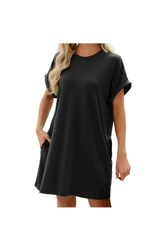 Womens Summer Dresses Solid Color Casual Loose T-Shirt Short Sleeve Round Neck Flowy Sundresses with Pockets Black XXL