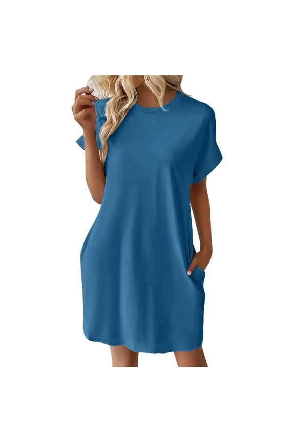 Womens Super Soft T Shirt Dress Short Sleeve Casual Summer Tunic Dresses Loose Comfort Breathable House Dress Navy L