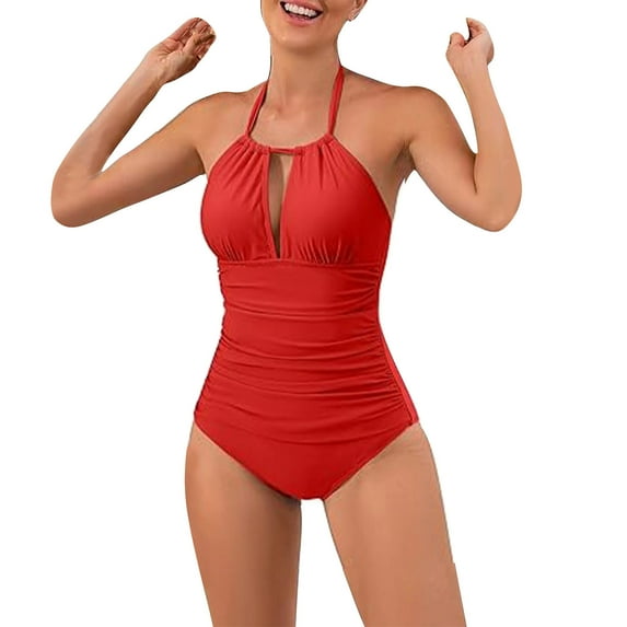 Arnsht Womens Swimsuits One Piece Halter Tummy Control Bathing Suit Ruched Full Coverage Swimwear 2025 Solid Summer Beach Outfits Red S
