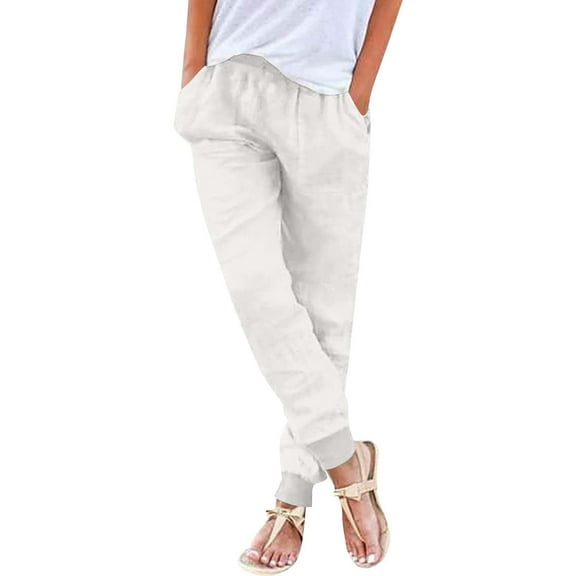 Arnsht Womens Tapered Pants Cotton Linen Drawstring Back Elastic Waist Pants Casual Trousers with Pockets White S