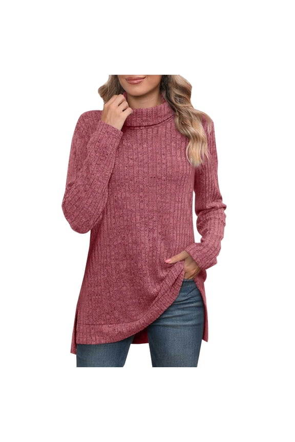 Womens Tunic Tops Turtleneck Long Sleeve Shirts Oversized Fall Sweaters Side Split High Low Hemline Red L