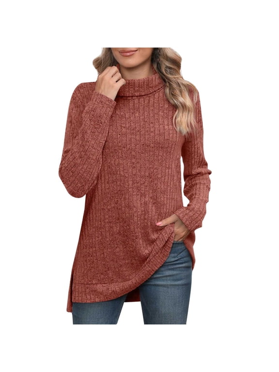 Womens Tunic Tops Turtleneck Long Sleeve Shirts Oversized Fall Sweaters Side Split High Low Hemline Red S