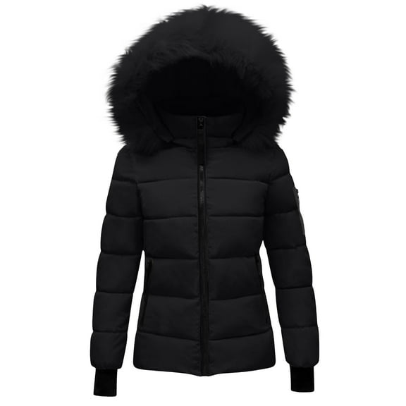 Arnsht Womens Winter Coats Quilted Thicken Warm Puffer Ski Jacket Faux Furry Lined Hooded Waterproof Outdoor Comfy Down Jackets Black XXL