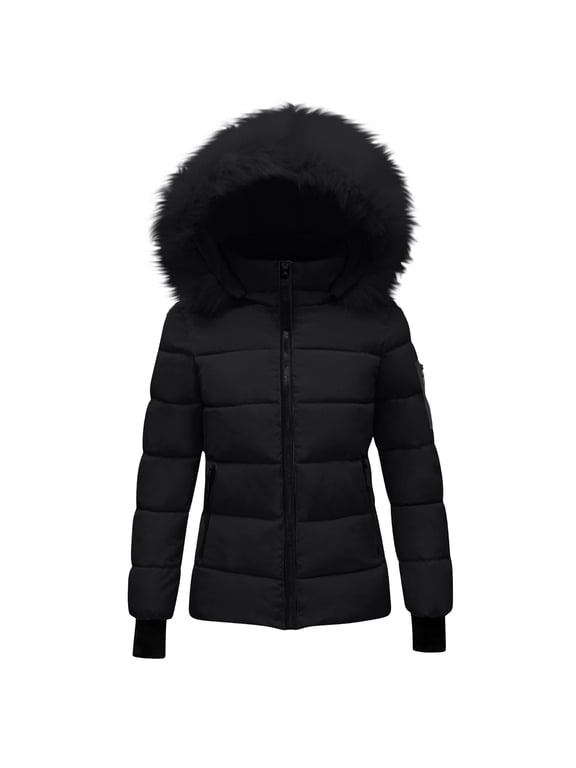 Womens Winter Coats Quilted Thicken Warm Puffer Ski Jacket Faux Furry Lined Hooded Waterproof Outdoor Comfy Down Jackets Black XXL