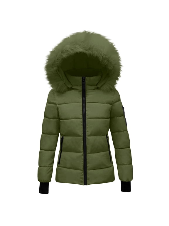 Womens Winter Coats Quilted Thicken Warm Puffer Ski Jacket Faux Furry Lined Hooded Waterproof Outdoor Comfy Down Jackets Green XXL