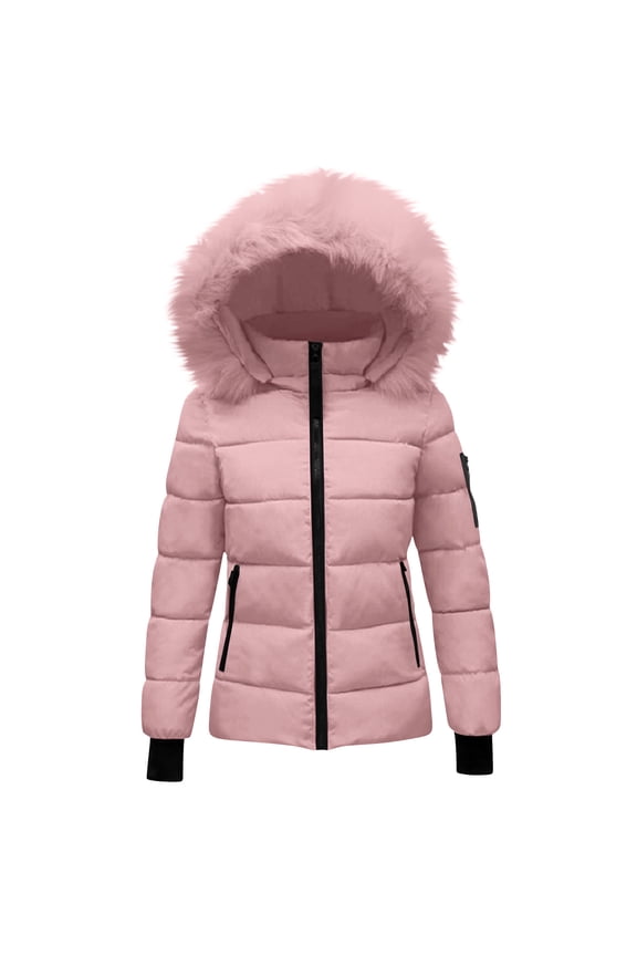 Womens Winter Coats Quilted Thicken Warm Puffer Ski Jacket Faux Furry Lined Hooded Waterproof Outdoor Comfy Down Jackets Pink M